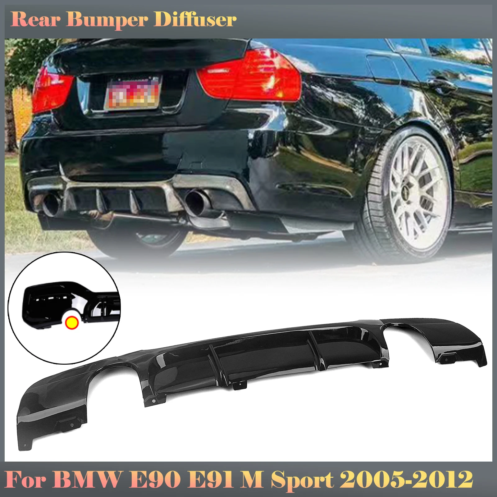 

Gloss Black Car Rear Bumper Diffuser Lip Boot Dual Exhaust Splitter Spoiler Plate Auto Part For BMW E90 E91 M Sport 2005-2012