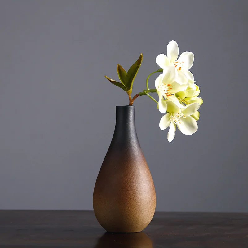 Coarse ceramic Chinese style retro vase, Zen gradient color small vase, hydroponic flower set, home decoration accessories