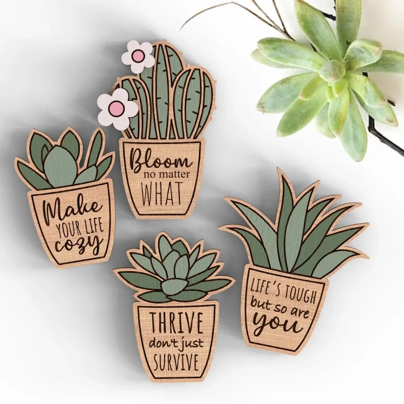 2D Flat 4pcs Succulent Cactus Theme Home Decor Magnetic Set Refrigerator Magnetic, Durable, Easy To Install and Easy To Clean