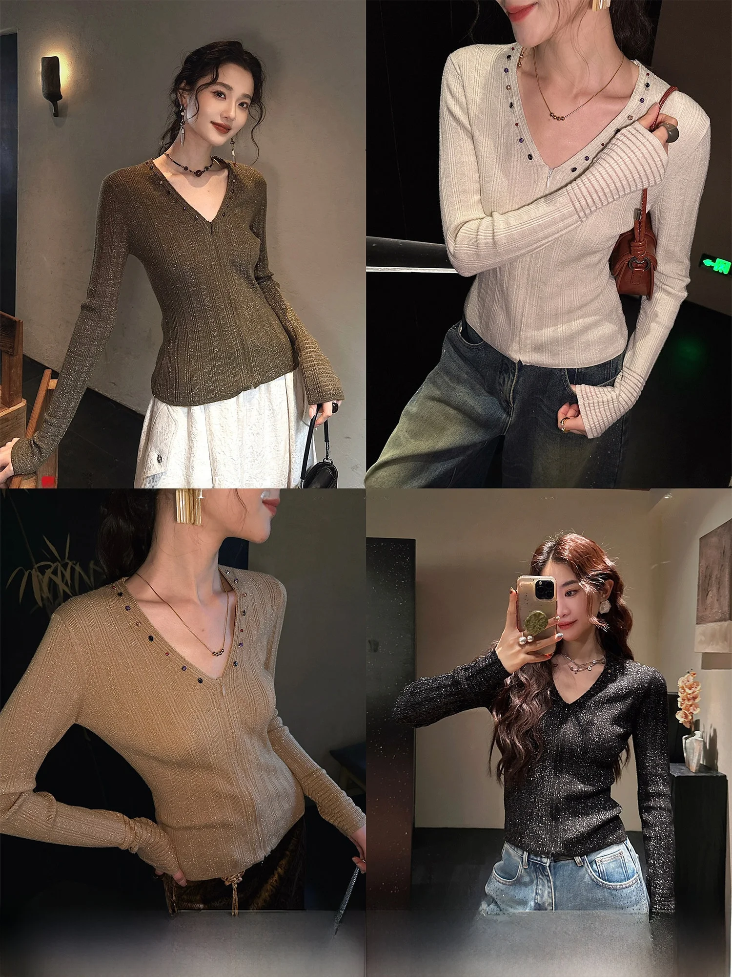 

Sanji Bla Flower【Quiet】Beaded iny Knitted Base irt Inner Wear 00 Wool 2025 New Top Women's Faion Commute Sle Loose...