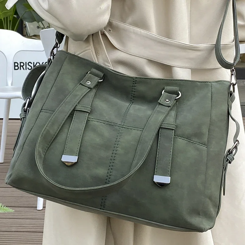 Female Retro Green Suede Shoulder Bag Vintage Quality Nubuck Leather Ladies Elegant Tote Handbag Women's Commuter Crossbody Bags