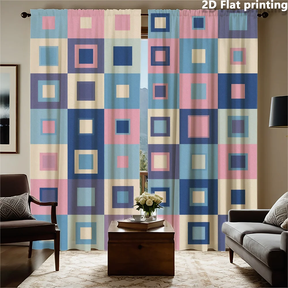 Abstract Geometric Multi Color Curtain Panels Modern Design Blue Pink Grid Window Drapes for Living Room Bedroom Home Decor
