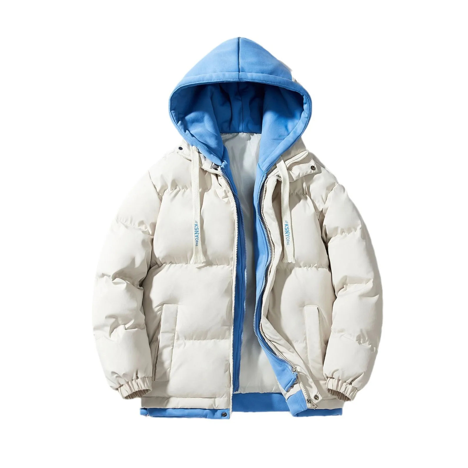 

Winter Man Jacket Fashion Contrast Color Zipper Male Hooded Outerwear Cold-proof Long Sleeve Men Fake Two-piece Down Coat