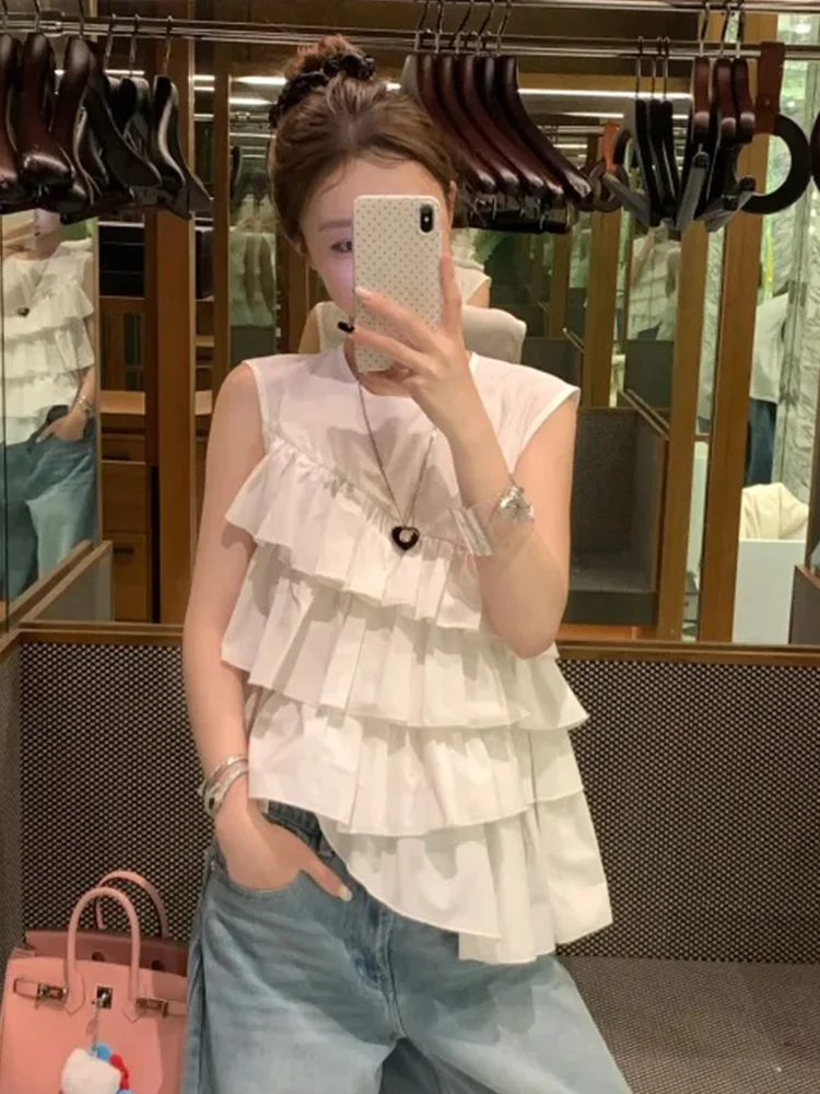 Chiffon Weiß Damen Blusen Rüschen Koreanische Shirts MODE Lose Sommer Casual Kleidung Solide Ärmellose Frauen Tops