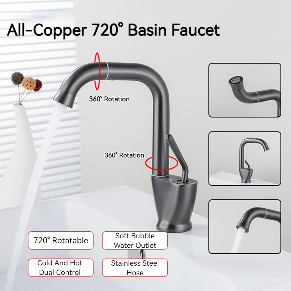 Luxury Bathroom Faucets Gun Gray Faucet 360 Degree Rotary Brass Water Mixer Tap Basin Single Handle Sink Tap Mixer Hot And Cold