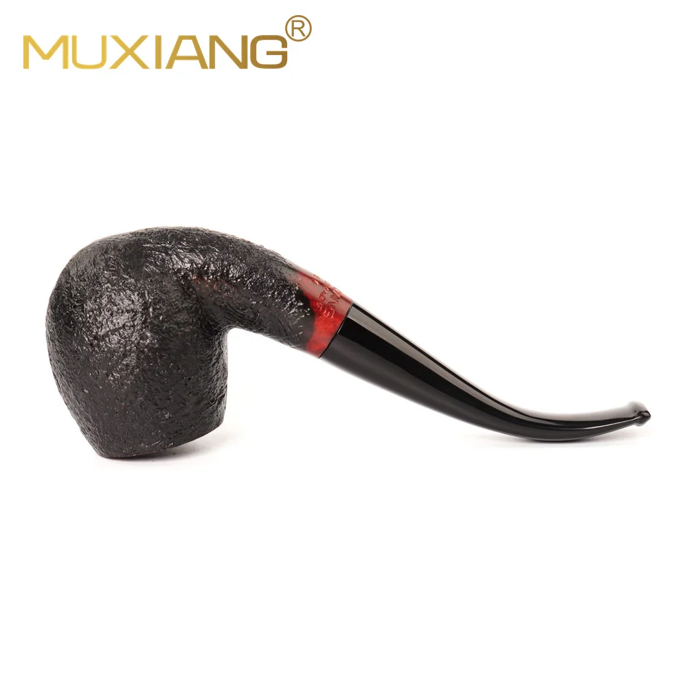 MuXiang Briarwood Tobacco Pipe 9mm filter element filter Hand sandblasted design pipe Curved handle SherlockHolmes pipe Black