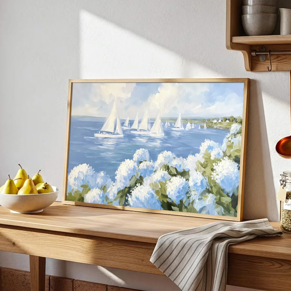 1pc Unframed Vintage Summer Hydrangeas Sailboat Coastal Ocean Canvas Poster Nantucket Landscape Wall Art Beach Painting