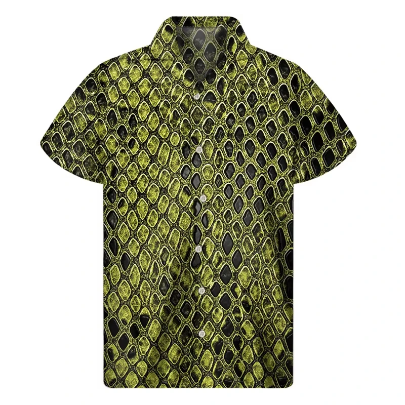 Fashion Animal Snake Skin 3D Print Hawaiian Shirts Men Multi Color Lapel Button Shirt Street Loose  Short  Sleeves  Blouse  Tops