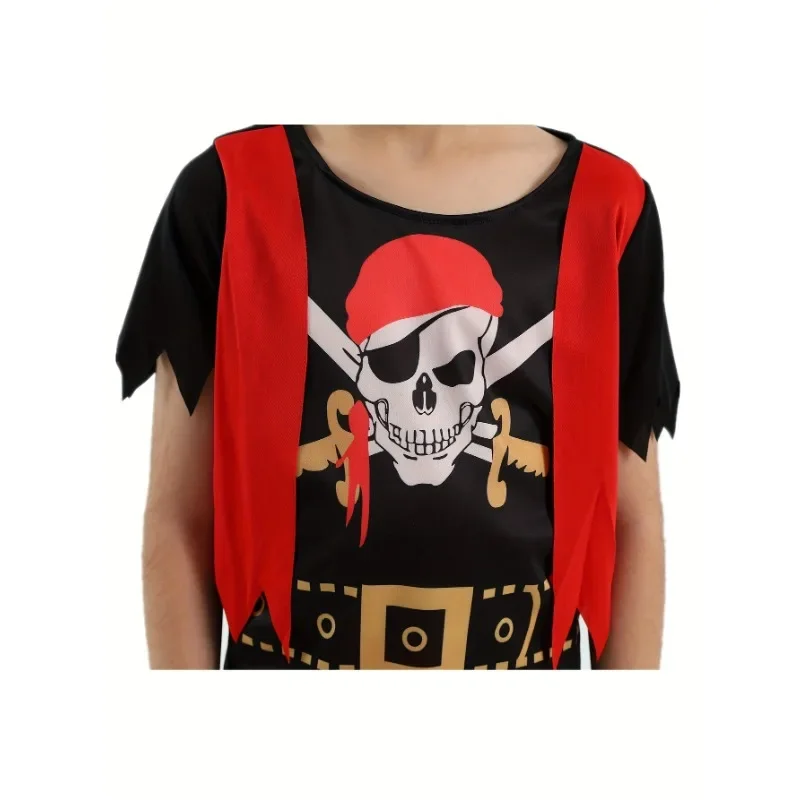 Boys Pirate Skull Costume Printed Striped Pirate Captain Set Halloween Pirate Sword, Drawing, Gold Coin Toy Gift