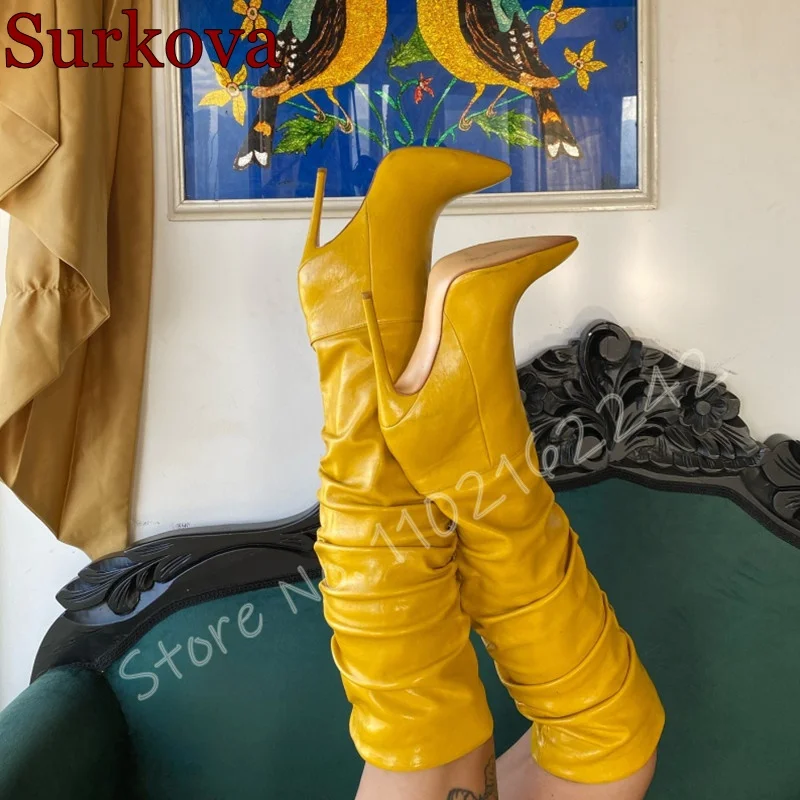 

2025 Winter Pleated Heap Boots Pointed Stiletto Slip-On Autumn Yellow Knee-High Boots Elegant Party Catwalk Formal Boots Women