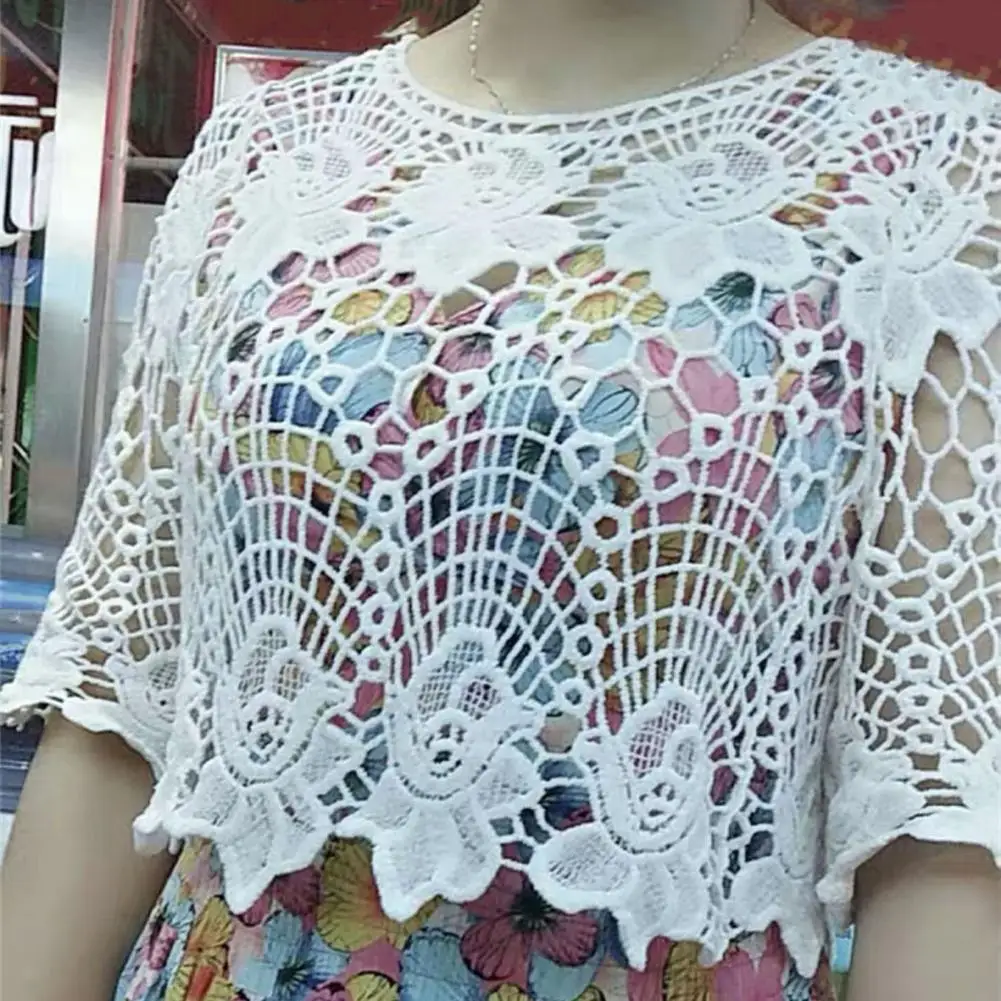 Women Hollow Out Embroidery Floral Lace Cover Up O-Neck Half Sleeve Blouse Jacquard Solid Color Loose Fit Pullover Tops