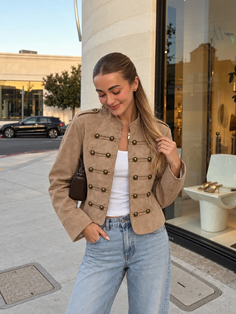 HH Women Vintage Faux Suede Long Sleeve Stand Collar Outerwear Metal Button Decor Zipper Placket Jacket Autumn Chic Outing Coat