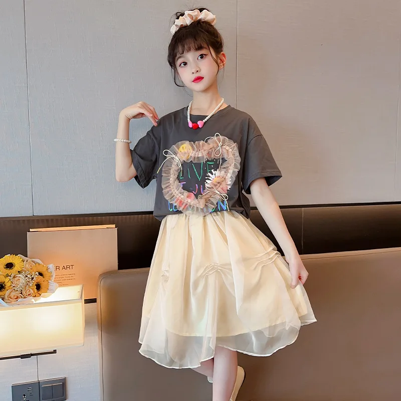 

Summer Teens Girls Clothes Sets Fashion Print T shirt + Skirt 2pcs Outfits School Children Korean Costume 4 6 8 10 12 14 Years