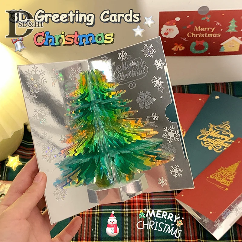 3D Pop Up Christmas Card Merry Christmas Greeting Cards Handwritten Blessing Invitation Card Thanksgiving New Year Gifts