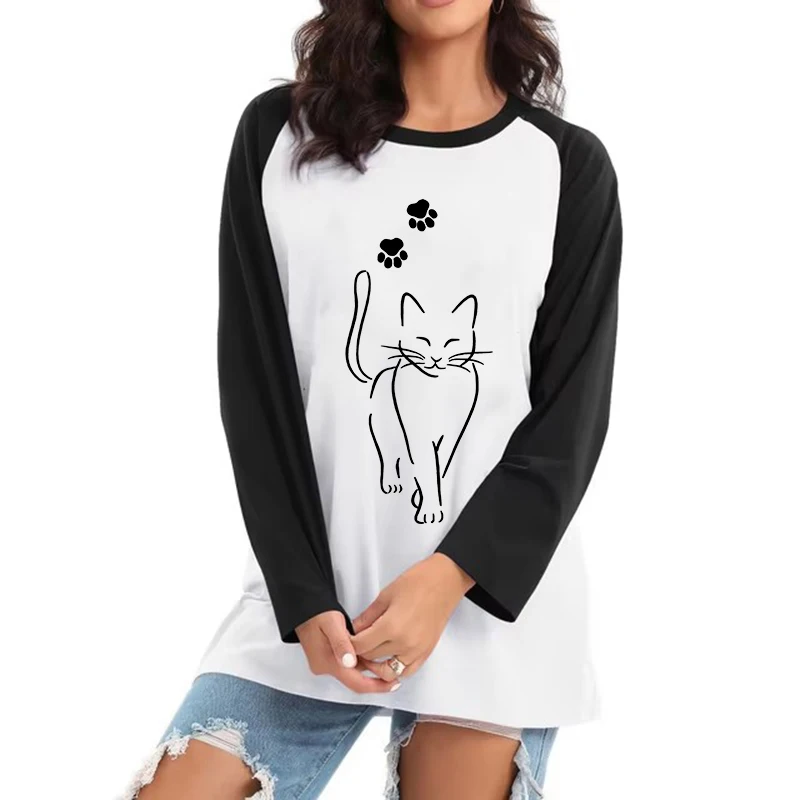 Skurrile Katze Print Langarm T Shirt Frauen Kawaii Rundhals T-shirt Mädchen Casual Tees Tops Alle Jahreszeiten Tier T-shirt Kleidung