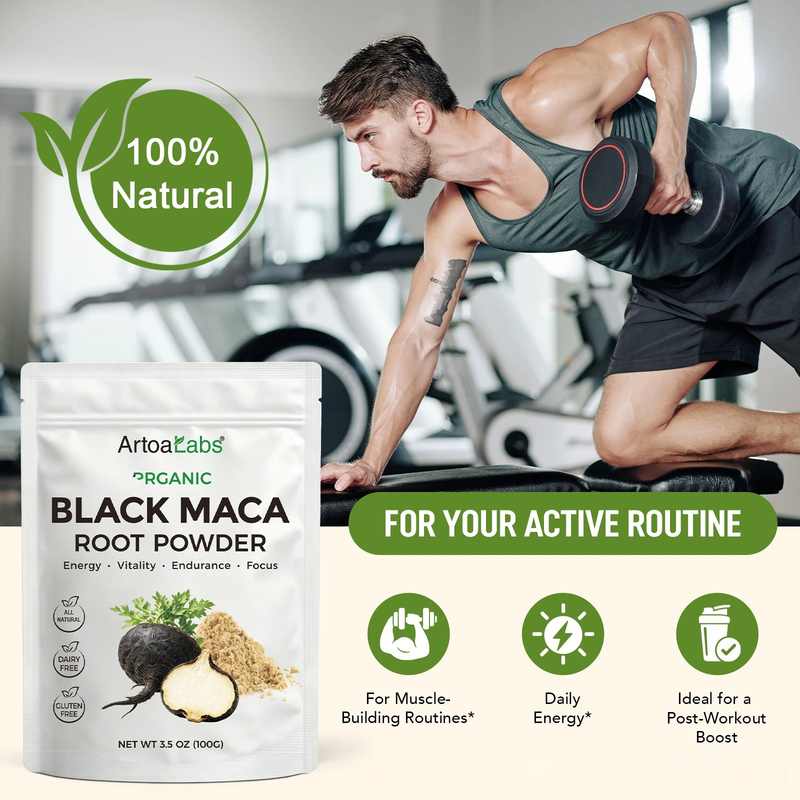 Black Maca Root Powder Maca for Endurance Male Fertility & Focus Fatigue Calcium Iron Potassium 100g 20 Servings Vegan for Men