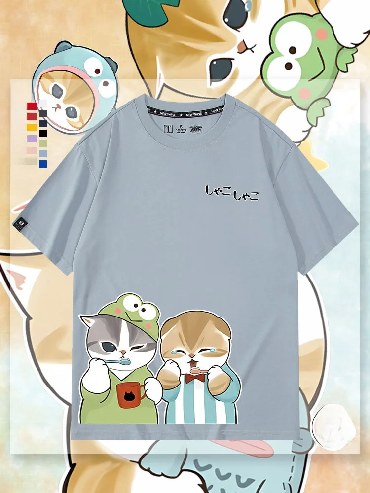 Camiseta de algodón puro unisex de manga corta con estampado de gatos, pacas, perros, ranas de ojos grandes y Kero, corte holgado, moda juvenil de verano