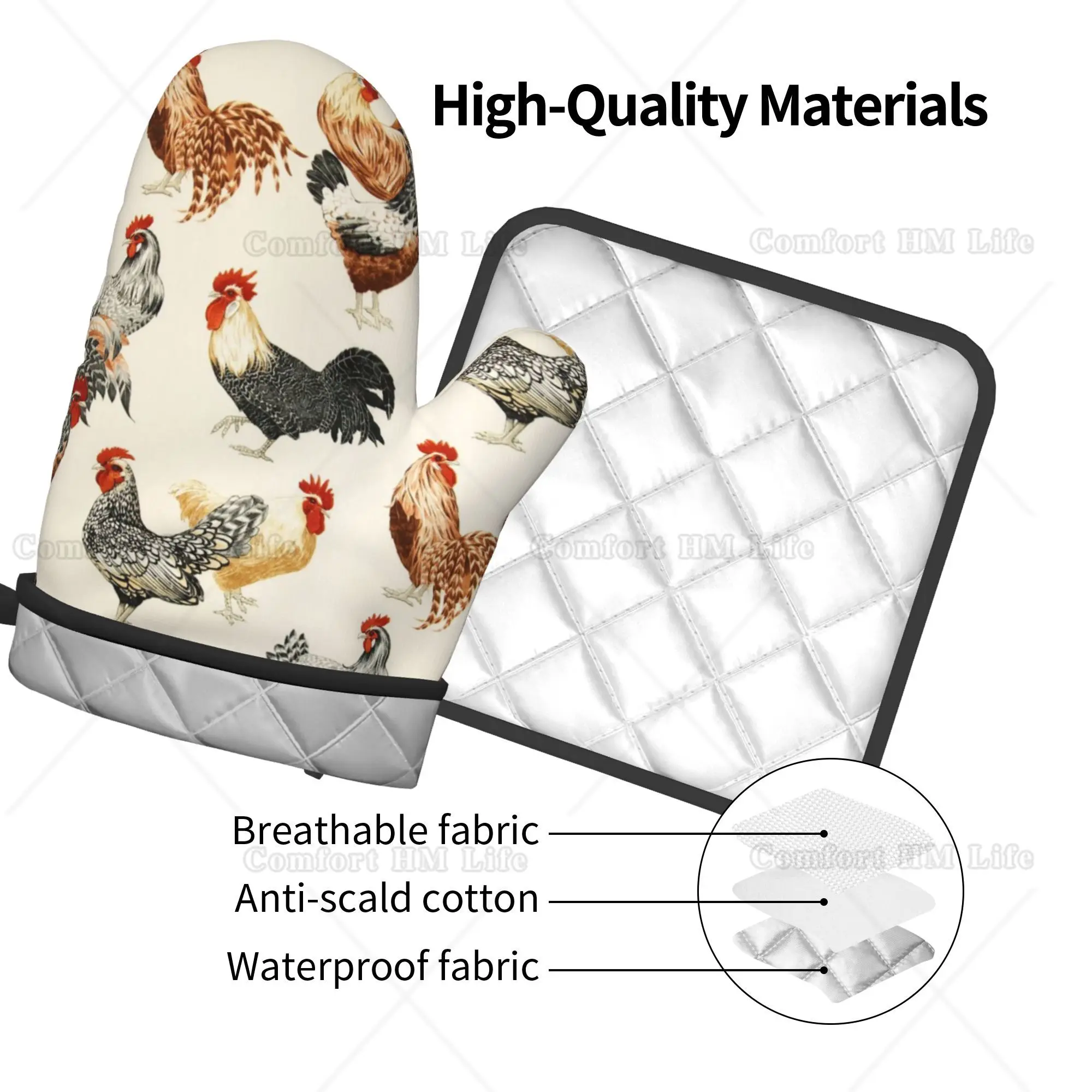 Chickens Rooster Oven Mitts and Pot Holders Set of 2 Heat Resistant Microwave Oven Gloves for Safe Cooking Baking Grilling