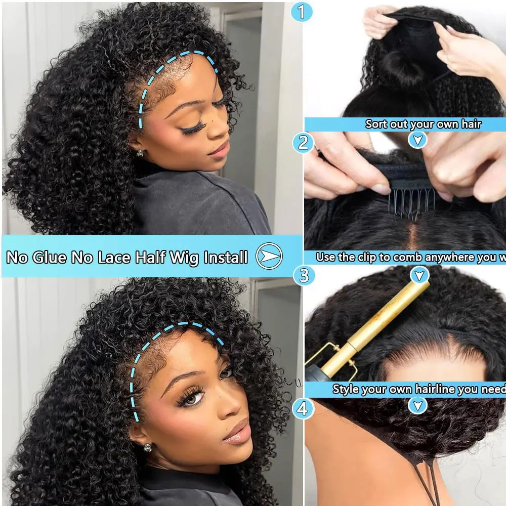 Afro Kinky Curly Half Wigs Human Hair Upgrade Wear & Go Half Wig With Drawstring Seamless Clip Ins Flip Over Curly Hair wigs