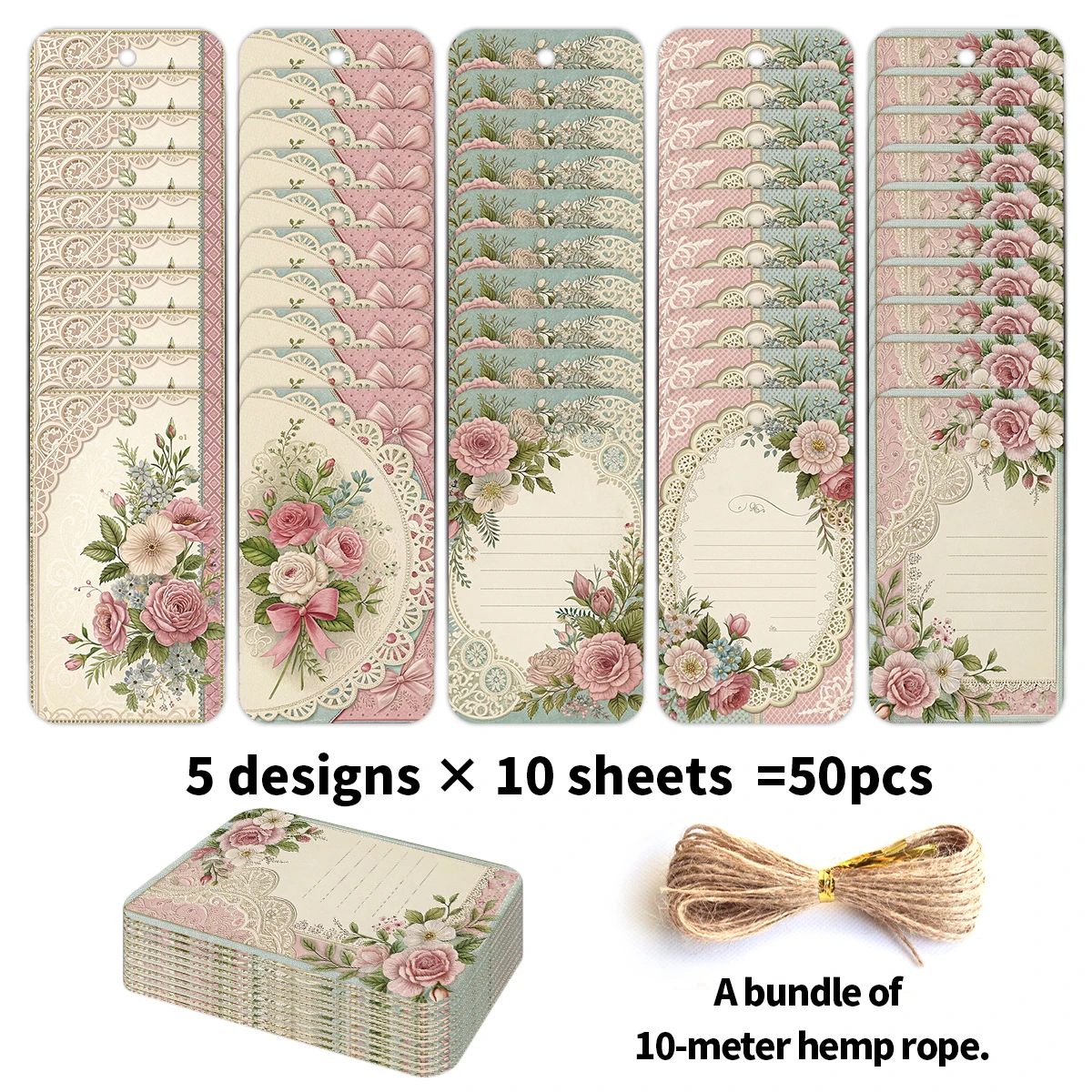 50 Stück Hängeetiketten mit Spitzen-Blumenmuster und Seil, für Hochzeit, Valentinstag, Gastgeschenke, Brautparty-Dekoration, romantische Geschenkverpackungsetiketten – Detail 1