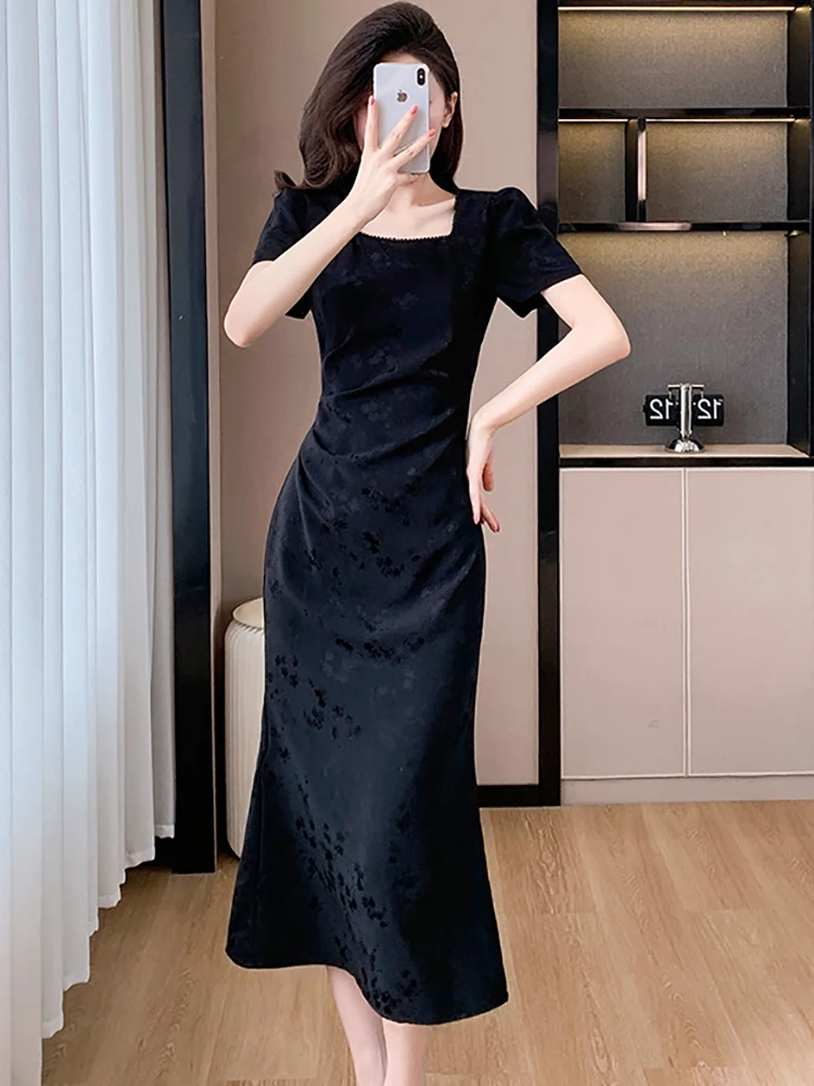 Femmes coréennes Vintage luxe fête robes été blanc Jacquard diamants col carré robe mi-longue 2025 robes moulantes élégantes