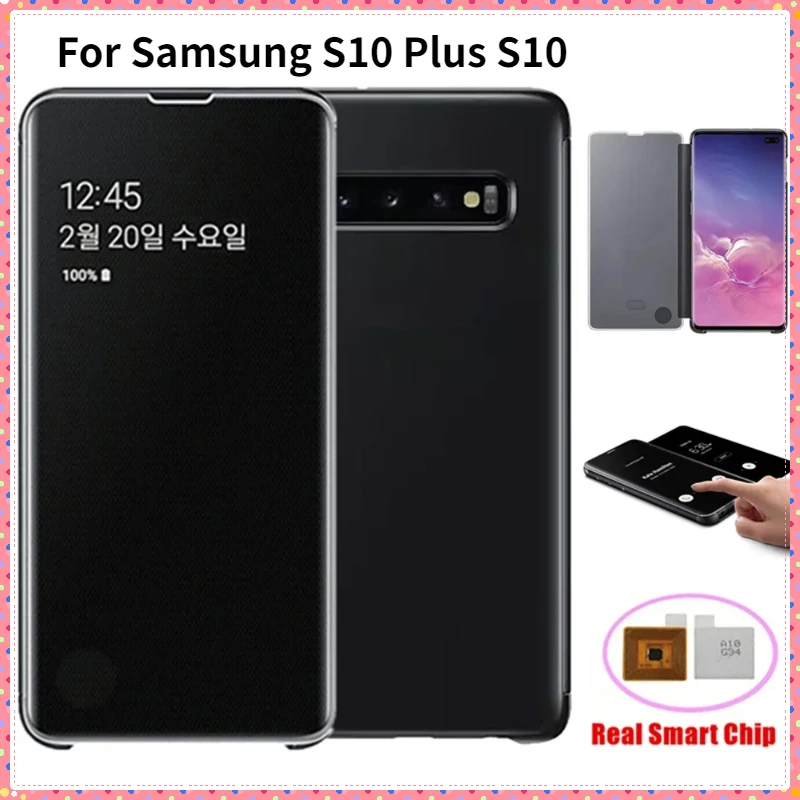 For Samsung Galaxy S10 Plus S10 Window View Clear Mirror Intelligent Protective Cover Flip-free Smart Chip Flip Leather Cases