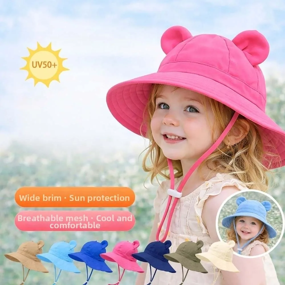 

Breathable Children Fisherman Hat Solid Color Windproof Rope Sunshade Bucket Cap Soft Cartoon Bear Folding Baby Sun Hat Beach
