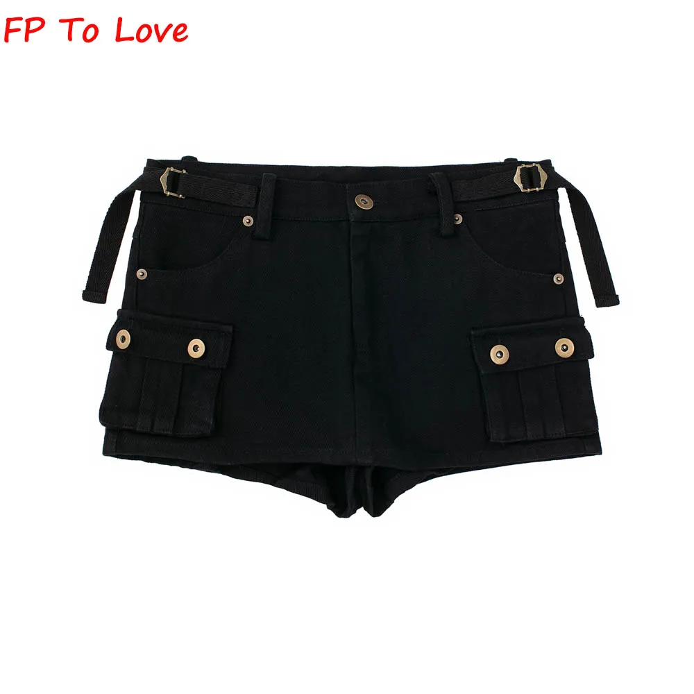 Y2K Armygreen Pocket Shorts Mini Skirts Sexy High Street Black Stylish Button Chic Bottom Woman PB&ZA Female