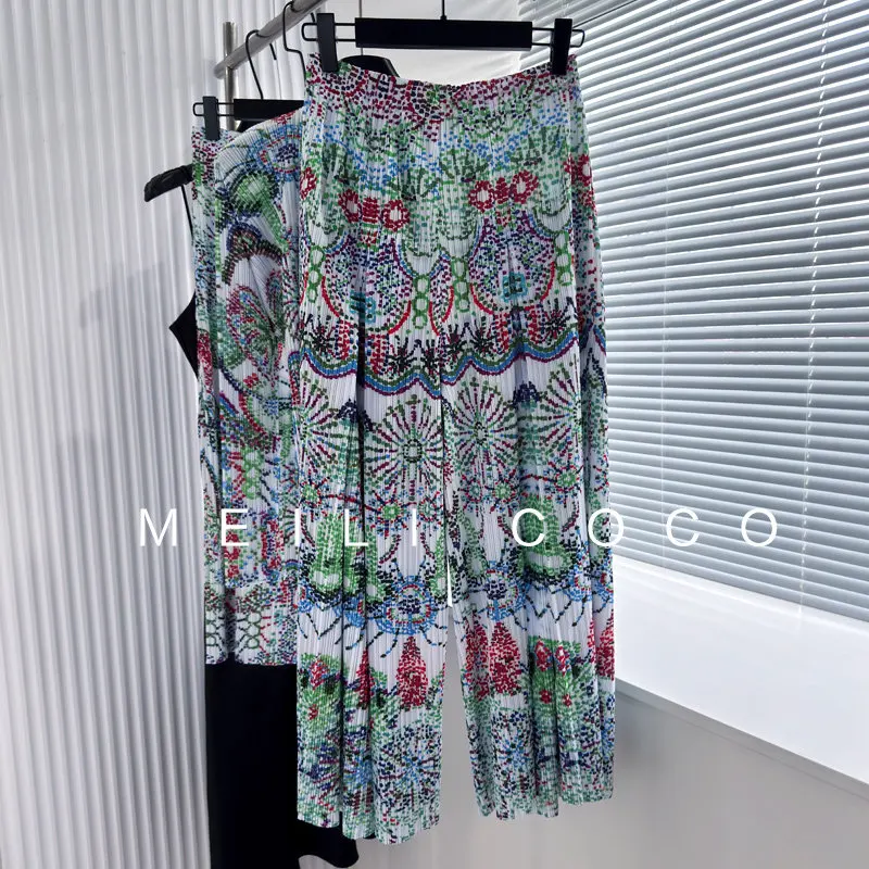 

Fold Women's Colorful Pattern Pleated Wide-Leg Pants Loose Silhouette Soft Fabric Vibrant Design Fashion Daily Wear Trendy Chic