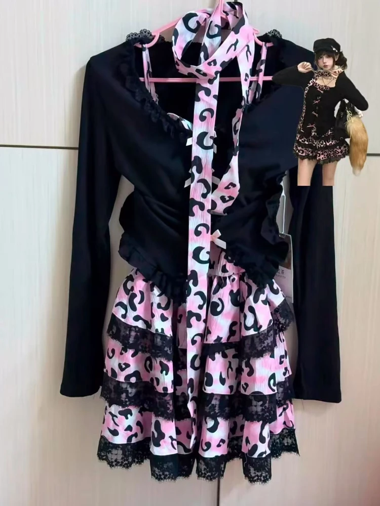 

Vintage Autumn Kawaii Leopard Print 2-piece Set Y2k Fake Two Piece Tops + Short Puff Skirt Woman Sweet Pink Slim Jk Outfits New