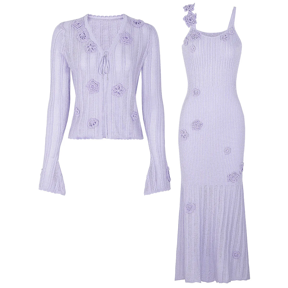 

Autumn New Fashion Hook Flower Hollow Long Sleeve Women's Knitted Cardigan Top Long Strap Dress Set Elegant Two-Piece Set