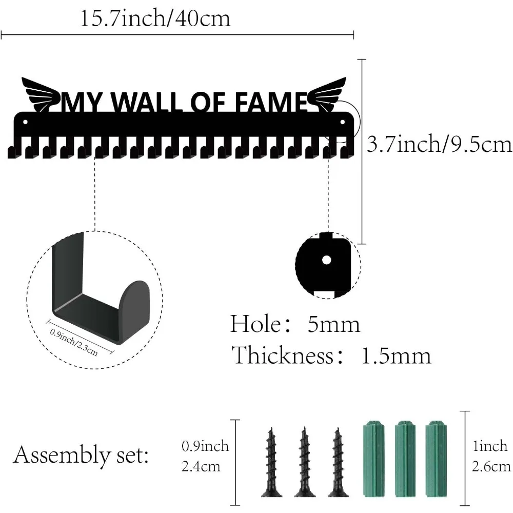 Medal Holder Display Hanger Rack Sports My Wall of Fame Metal Wall Mount with 20 Hooks for Race Runner Players Gymnastics