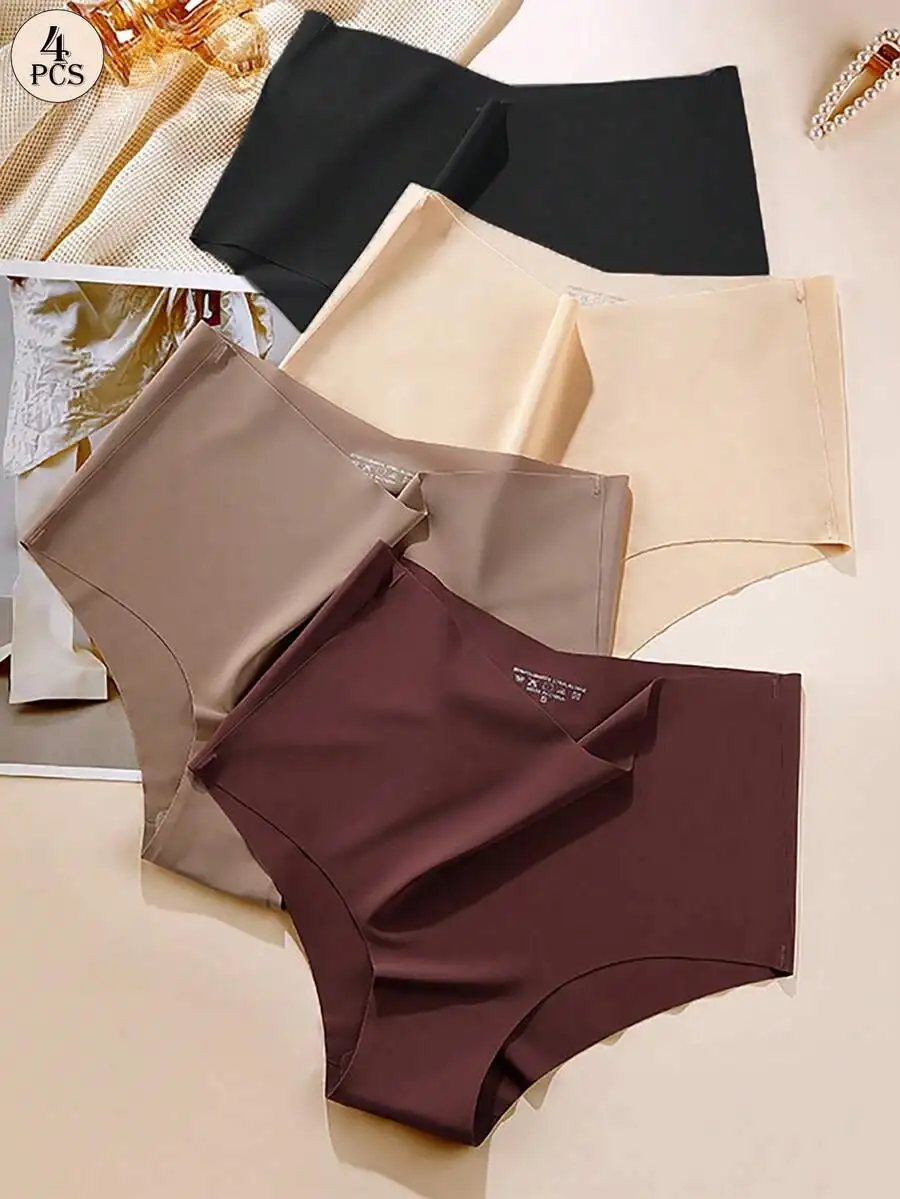 

4 Pcs High Waist Seamless Breathable Womens Panties Solid Color Comfort Underwear
