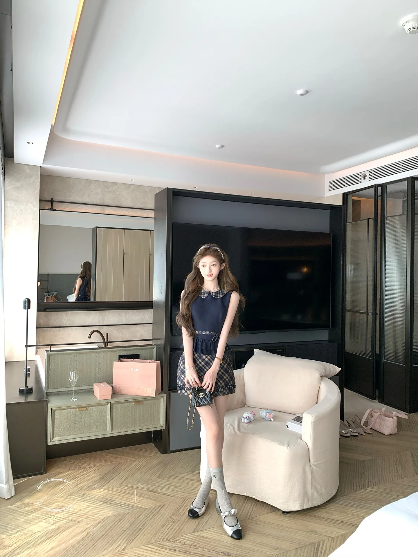 Retro Plaid Doll Collar Short Sleeve Top High Waist Skirt Set for Young Women Summer Elegant Style No Brand Student Uniform