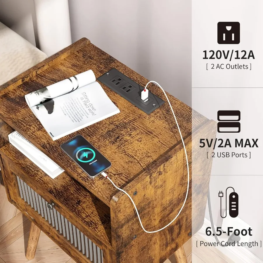 Comodino moderno della metà del secolo con stazione di ricarica e porta in vetro per camera da letto e soggiorno Tavolino portaoggetti a due livelli con