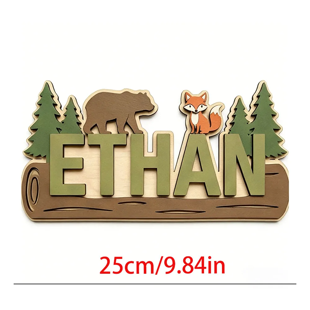 Woodland Forest Animal Personalized Name Wooden Sign Custom Bear Fox Pine Tree Log Plaque 25cm Kids Nursery Door Wall Decor Birt view 6