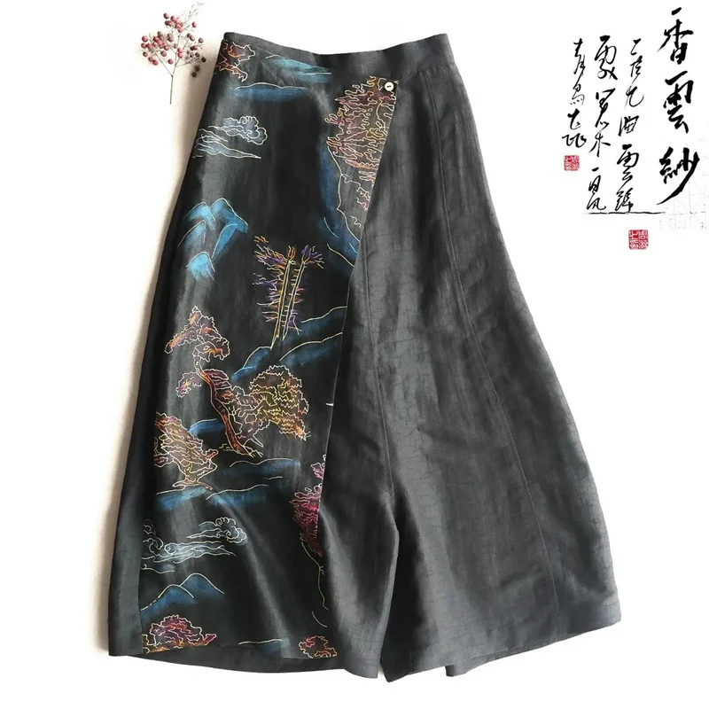 Summer Wide Legs Calf-Length Skirt Pants Women Elastic Waist Casual Patchwork Trouser Floral Print Ethnic Pants