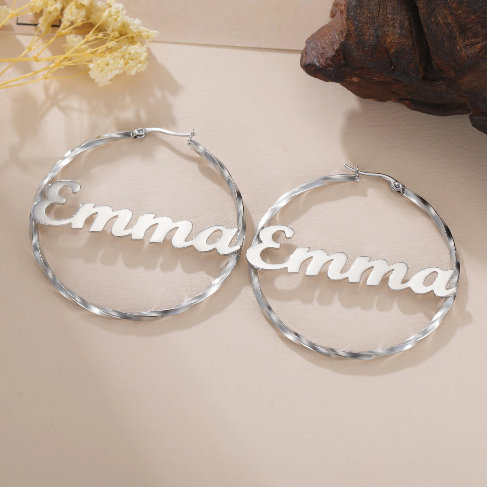 

Cazador Custom Earrings Personalized Name Geometric Twisted Hoops Earrings for Women Gold Color Stainless Steel Jewelry Gifts