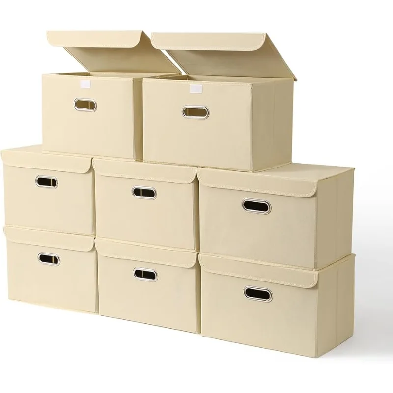 

Fabric Storage Cube Bins Foldable Organizer Container Collapsible Basket with Lids and Metal Handles, for Home, Bedroom, Closet