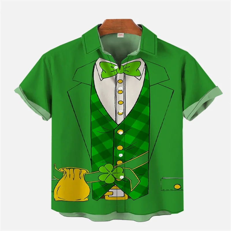 Funny tailcoat, skeleton gentleman costume, Halloween printed short sleeved shirt, St. Patrick's Day green fairy tailcoat, carto
