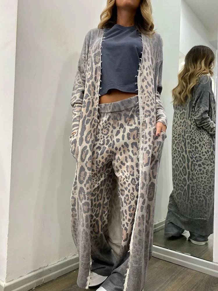 Spring Women's Long sleeved Casual Style Polyester Material 2024 New Fashion Leopard Pattern Cardigan Coat Long Pants Set