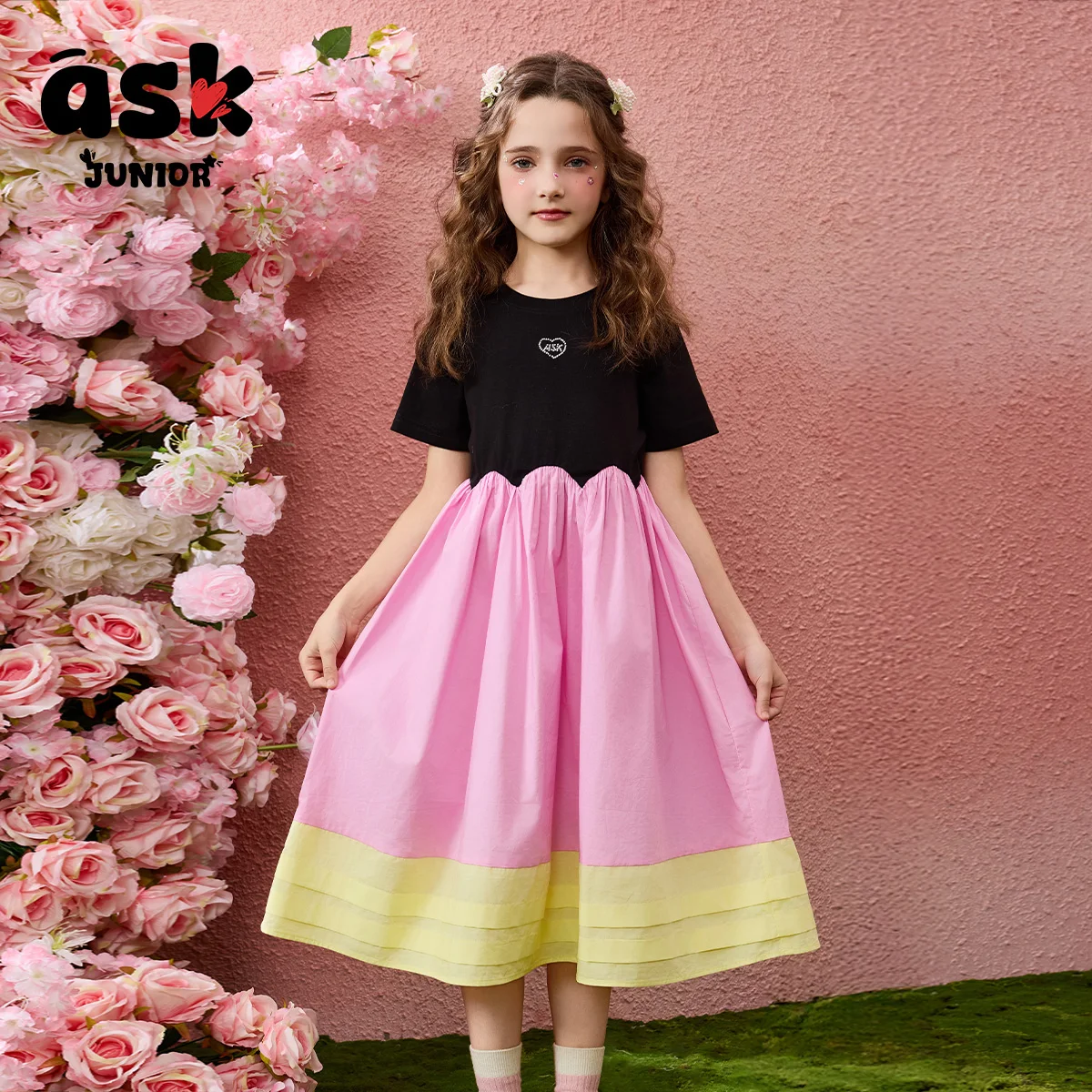 تي شيرت صيفي قصير الأكمام للأطفال الصغار من Ask Junior، فستان متوسط الأكبر سنًا للأطفال بألوان متباينة للفتيات بحاشية على شكل ورقة اللوتس #3