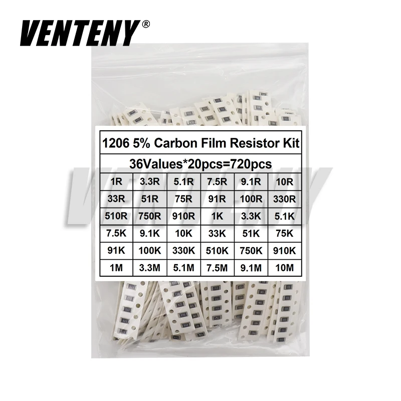 720pcs 5% 0603 0805 1206 SMD Chip Resistor Assorted Kit 1 ohm - 10M 36valuesX20pcs=720pcs Resistance Sample set