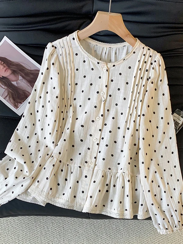 

Korean Sle Polka Dot Accordion Pleat Cotton Linen Women's Spring irt Loose Long Sve Lace Hemline Super ular Top