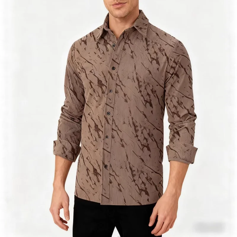 Men's Marble Print Long Sleeve Shirt Casual Button Down Textured Tops