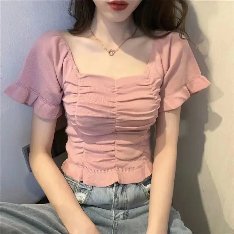 Sommer neue Mode einfache quadratische Hals Design Gefühl Kurzarm gestrickt T-Shirt Frauen solide Rüschen rücken frei lose kurze Tops