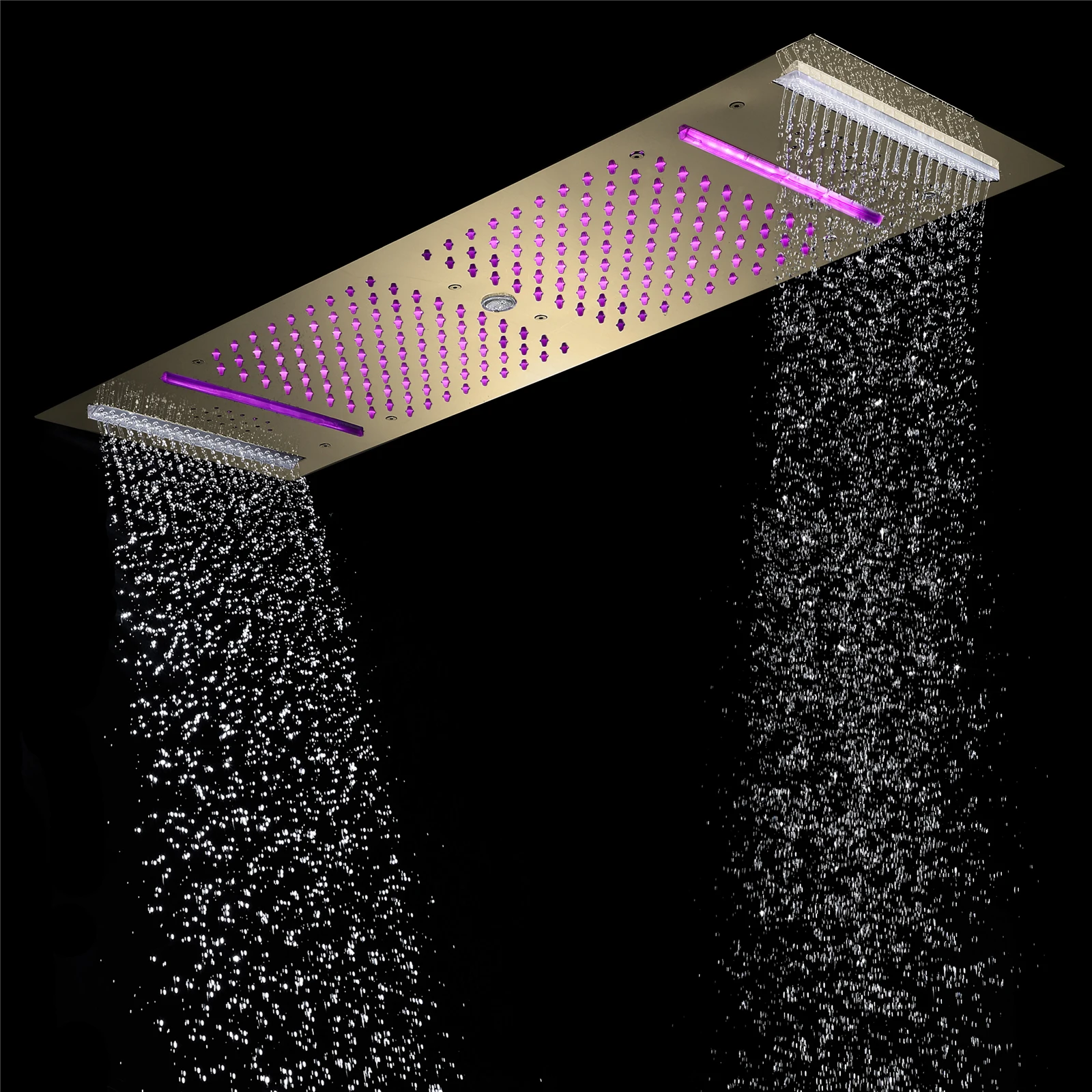 Qlonn 35*12 Inch Hotel Couple Gold Shower Head System Bathroom Thermostatic Mixer Faucet Set Concealed Smart Music Shower Panel