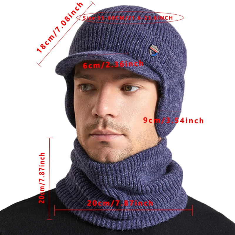 2PCS/set Men\'s Knited Hat Scarf Striped Weave Short Brim Skullies Cap Thick Fleece Lined Windproof Earmuff Riding Hat In Winter