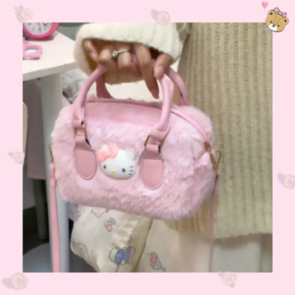 MINISOHello Kitty Cute Plush Handbag Kitty Girly Heart Versatile Crossbody Bag Sweet Furry Shoulder Bag