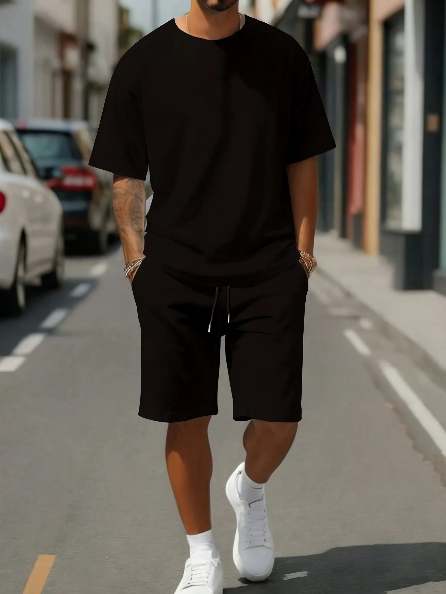 

Summer Cotton Cool Short 2 Piece Set For Male Pocket All-Match Bottom Classic Simple Tees & Shorts High Street Hip Hop Clothing